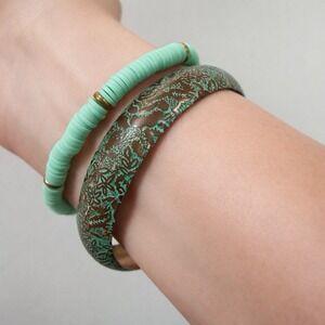 Vintage Green Embossed Brass Bangle With Matching Turquoise Heishi Bead Bracelet